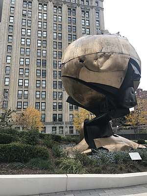 The Sphere seen at the Austin J. Tobin Plaza before the September 11 attacks