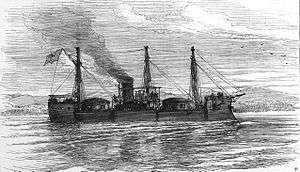 A sketch of a ship with two large gun turrets, tall fore and sterncastles, underway off a shoreline.