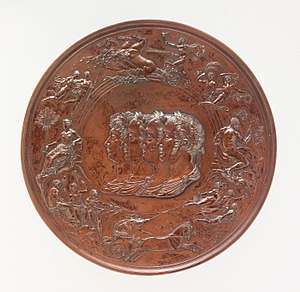 A bronze medal of considerable complexity, with a series of allegorical figures surrounding the central busts of four men, the victorious generals at Waterloo