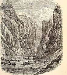 Black-and-white sketch of a mountain defile, with a river crossed by a bridge
