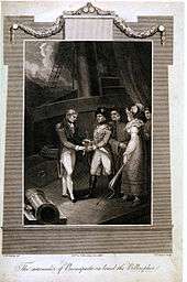 Bordered engraving of a man in uniform on the deck of a sailing ship presenting a second man in uniform with a sword, as two men and a woman in formal clothes watch.
