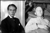 Two images, a formal picture of John Amery, facing the camera, and one of William Joyce on a hospital stretcher.