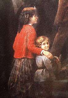A portion of a painting showing a young girl in a red jacket and pleated black skirt with her arm draped over the shoulder of a young boy, who is dressed in a blue tunic and black pants and looks back over his shoulder at the viewer.