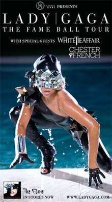 Lady Gaga crouching on all fours in front of a pool. wearing a black full-body leotard and a crystal mask