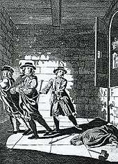 Black-and-white sketch of Thomas Blood and two of his accomplices stealing objects from the Jewel House. The regalia cupboard is partially open, and a man lies wounded on the floor.