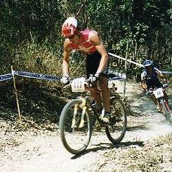 Thomas Frischknecht competing in the Elite Men's Cross Country at the 1996 UCI Mountain Bike World Championships in Cairns, Australia