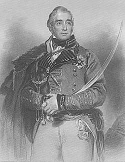 Black and white print of a man wearing a British military uniform. He holds a saber in his right hand while grasping his right wrist with his left hand.