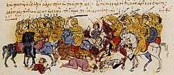 Illumination of battle scene with cavalry and foot soldiers.