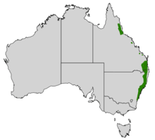 Map of Australia with green range marked down most of the eastern coast of New South Wales, and some disjoint areas on the coast of Queensland.