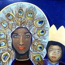 A cartoonized version of Madonna's face, with peacock feathers atop her head and a baby along side.