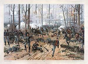 Thure de Thulstrup;s painting of the Battle of Shiloh, depicting soldiers in battles in the woods