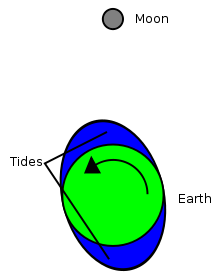 A small gray circle at the top represents the Moon. A green circle centered in a blue ellipse represents the Earth and its oceans. A curved arrow shows the counterclockwise direction of the Earth's rotation, resulting in the long axis of the ellipse being slightly out of alignment with the Moon.