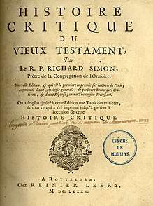 page with text beginning "Histoire Critique du vieux testament par Le R.P. Richard Simon"
