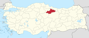 Tokat highlighted in red on a beige political map of Turkeym