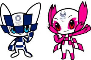 On the left, a humanoid cartoon character with large ears whose body has blue-checkered patterns is pumping its fist. On the right, another humanoid cartoon character with pointy ears whose body has pink checkers is wearing a pink-checkered cape and also pumping its fist.
