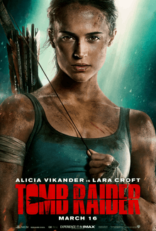 A close-up shot of a gritty-looking Lara Croft is seen with the film's title, her actress' name and company logos on the bottom.