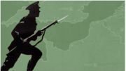 Silhouette of a soldier holding a rifle with bayonet fixed, superimposed over an outline map of the English Channel coastline.