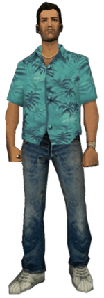 A computer generated image of a brown haired man. He wears a blue shirt with dark blue trees as the design, blue jeans and white sneakers.