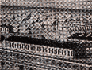 Locomotive shed highlighted on an old drawing showing the factory from the air.  The locomotive shed is at very left edge, which is the north end of the factory