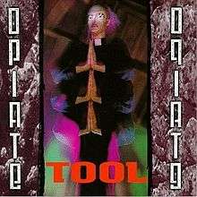 Cover art for Opiate, featuring a priest with six arms and hands, with the hands pressed together