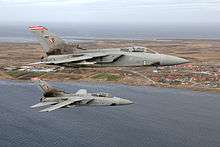 Two Panavia Tornado F3 of No. 1435 Flight patrolling the skies over the Falkland Islands.