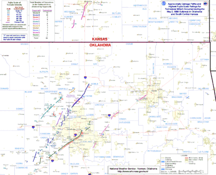 An enlarged map of the main event of the tornado outbreak across central and northeast Oklahoma and extreme southeastern Kansas. The map denotes city locations, shading more densely populated areas in yellow, and major roads are shown. Sixty-six tornado tracks are plotted as colored lines on the map, with their colors corresponding to one of the eleven parent storm cells the tornadoes were produced by. The majority of tracks are concentrated around the Oklahoma City Metropolitan Area which is seen as a large yellow-shaded area slightly offset from the center of the map.