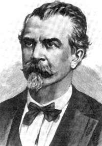 A head-and-shoulders black-and-white pencil portrait of Tóth, facing left. He has a goatee beard and waxed moustache, and wears a bowtie and formal shirt and jacket.