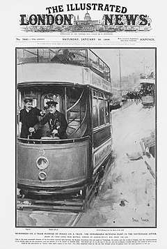 Newspaper page  showing a tram; the driver has a gun to his head. A man is shooting out of the back of the tram as another tram chases it.
