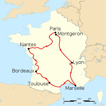 Map of France with the route of the 1903 Tour de France