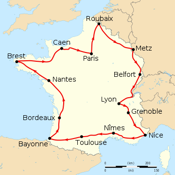 Map of France with the route of the 1908 Tour de France on it, showing that the race started in Paris, went clockwise through France and ended in Paris after fourteen stages.