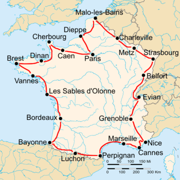 Map of France with the route of the 1929 Tour de France