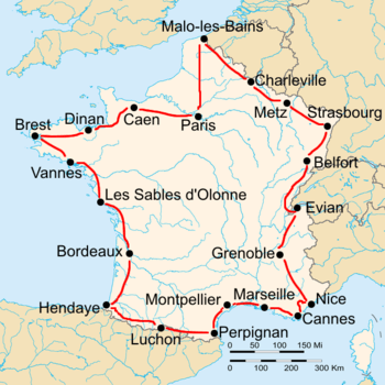 Map of France with the route of the 1930 Tour de France