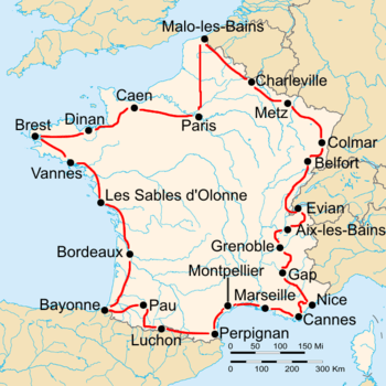 Map of France with the route of the 1931 Tour de France