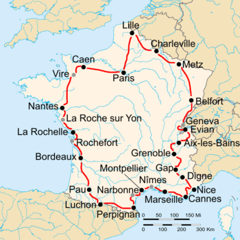 Map of France with the route of the 1935 Tour de France