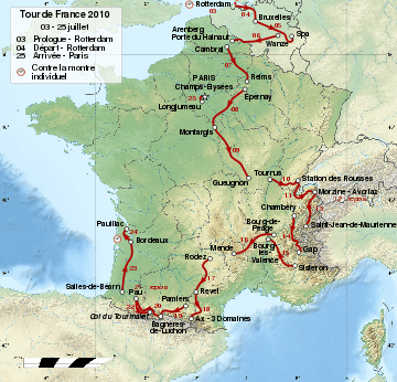 A physical map of France, with the route of the Tour drawn over it in red lines.