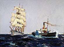 An oil painting of a multiple masted sailing vessel casting off from being towed by a steam-powered paddle tug