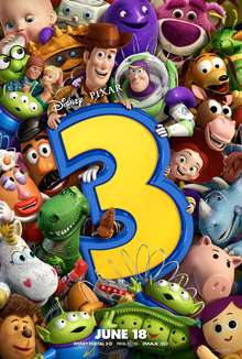 All of the toys packed close together, holding up a large numeral '3', with Buzz, who is putting a friendly arm around Woody's shoulder, and Woody holding the top of the 3.