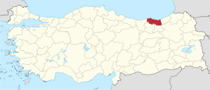 Trabzon highlighted in red on a beige political map of Turkeym
