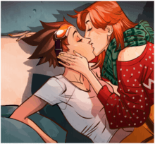 Artwork from a comic showing two young, Caucasian women with short, red hair kissing each other.