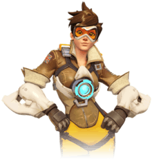 An illustration of a young, Caucasian woman with spiky, brown hair. She is wearing orange goggles over her eyes, a brown jacket, a blue lamp on her abdomen, brown gloves, and yellow leggings. There is some augmentation of the arms. She stands facing the viewer with both of her hands on her hips.