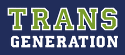 The TransGeneration logo uses a varsity-letter font. The word "Trans" appears in large green block letters with a white outline, and "Generation" is in white beneath. The letters appear on a plain purple field.