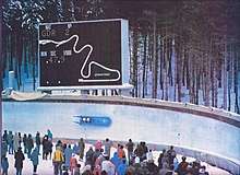 An image of a German Democratic Republic bobsleigh passing through curve 13 during the 1983 European Bobsleigh Championships