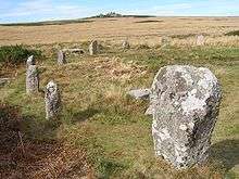 numerous standing stones arranged in an arc in a grassy field with a hill in the background