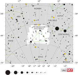 Diagram showing star positions and boundaries of the Triangulum Australe constellation and its surroundings