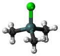 Ball-and-stick model of the trimethyltin chloride molecule