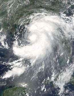 Satellite imagery showing a well-organized tropical storm in the eastern Gulf of Mexico