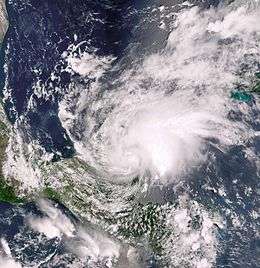 Satellite imagery of a tropical storm shortly after moving ashore