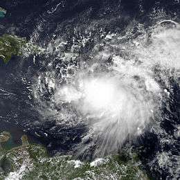 Satellite imagery of a disorganized tropical cyclone in the Caribbean Sea