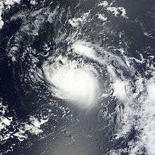 A satellite image of a swirling mass of clouds over the open Atlantic