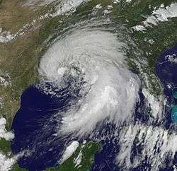A satellite image depicting a subtropical cyclone prior to making landfall in Louisiana